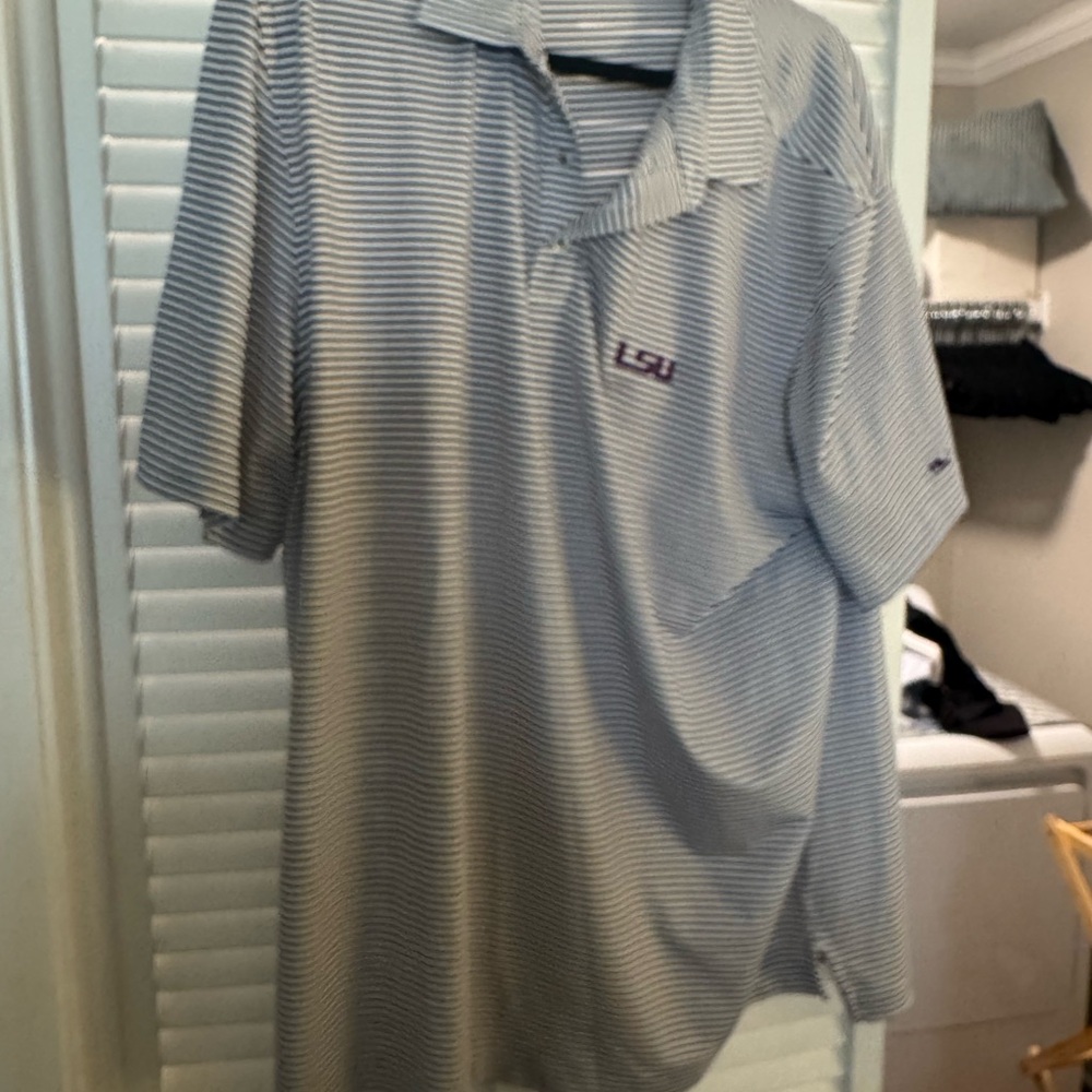 Vineyard Vines White & Light Blue Striped Polo with LSU Chest Logo
